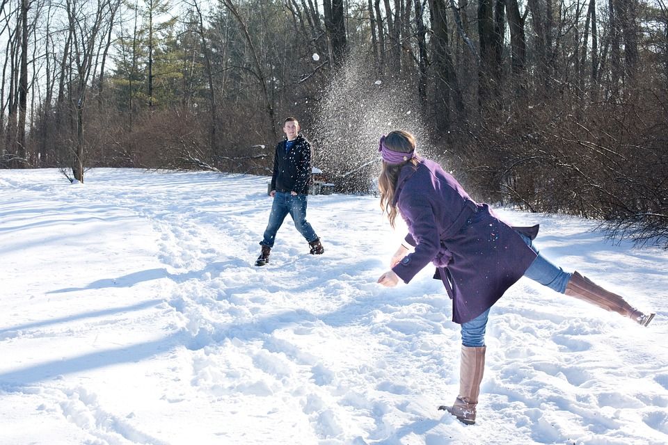 雪球大战, 雪, 冬天, 年轻, 玩, 户外, 夫妻, 男人, 女士, 斗争