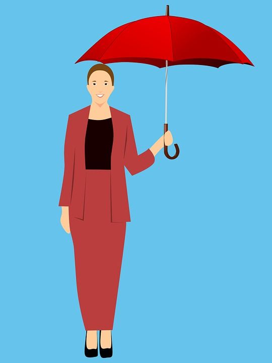 女人保持伞 冬天 下雨 卡通人物 主意 常设 微笑 蓝色雨