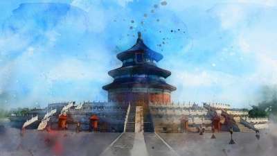 北京 天堂的寺庙 地标 景观 水彩 旅游景点 旅行 绘画 结构