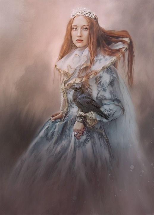 女王 王冠 中世纪 裙子 披风 乌鸦 掠夺 女士 女孩 年轻