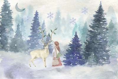 森林 冬天 童话 幻想 夜晚 雪 鹿 雪花 月亮 女孩 女士