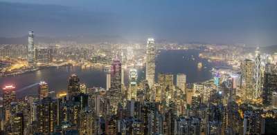 香港 晚上 城市 日落 摩天大楼 建造 集聚 建筑玻璃 高楼