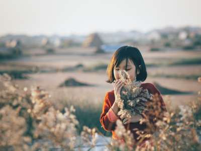 女孩 芦苇 原野 日落 户外