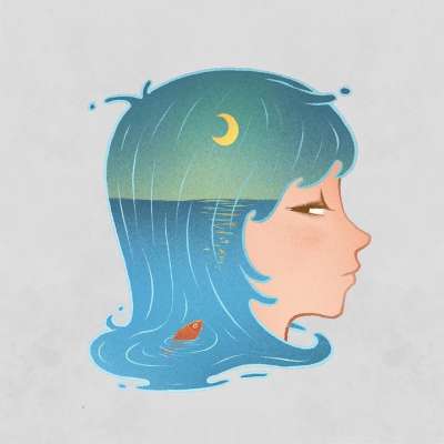 女孩 海洋 鱼 头发 月亮 夜晚 星空 海 水 头 女士