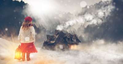 冬天 雪 房子 景观 圣诞节 圣诞节前夕 小木屋 树木 女孩