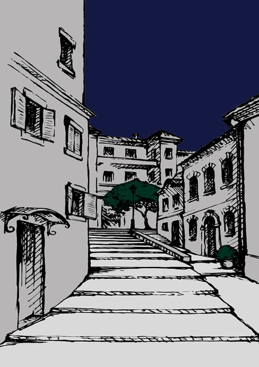 背景 街道 建筑物 镇 村庄 画画 草图 线条艺术