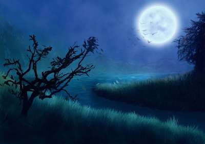 幻想 背景图片 月亮 树木 草地 湖 山 超现实的 模板