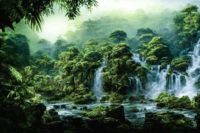 生成的Ai 废墟 幻想 瀑布 丛林 林 树木