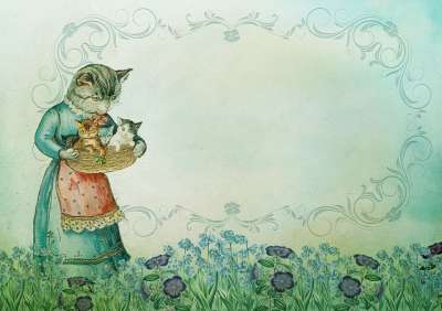猫 小猫 年份 猫妈妈 老的 怀旧 闪耀 剪贴簿 草地 花