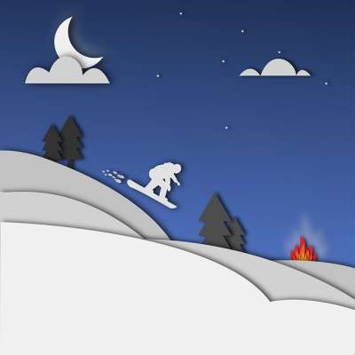 滑雪 冬天 剪纸 夜晚 雪 月亮 营火 夜空 云 星星 晚上