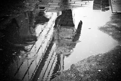 雨 水坑 水 反射 湿的 天气 下雨了 沥青 黑和白 鹅卵石