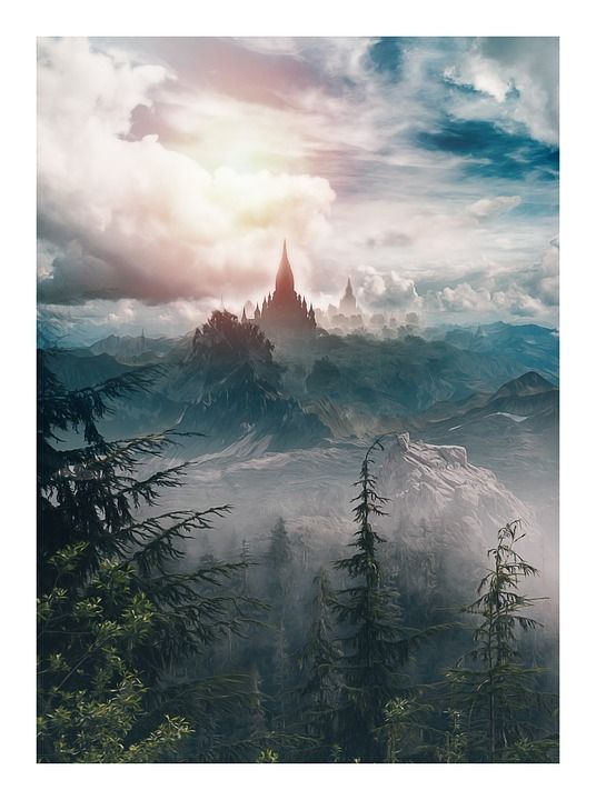寺庙 幻想 幻想风景 山 树木 天空 云 光 太阳 梦 神秘