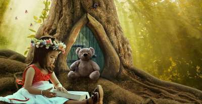 幻想 童话森林 女孩 森林 自然 想像力 情绪 树 绿色 牧歌