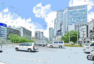 日本 大坂 城市 建设 插画风格