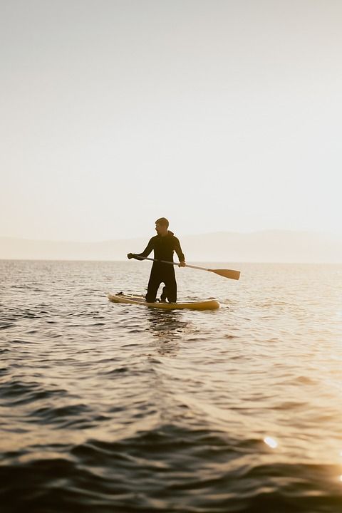 站立式单桨冲浪 男人 海 海洋 日落 暮 黄昏