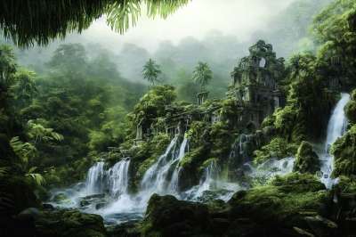 生成的Ai 性质 幻想 瀑布 废墟 林 丛林 树木