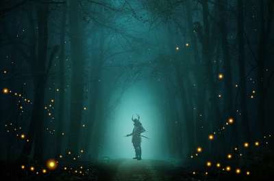 武士 战士 剑 武士刀 萤火虫 夜晚 森林 林 雾 树 树木