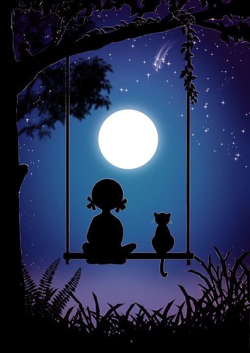 夜晚 女孩 猫 摇摆 森林 黑暗的 蓝色的 童话故事 梦 灵感
