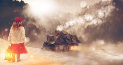 小红帽 狼 童话 冬天 雪 房子 景观 小木屋 树木 多雾路段