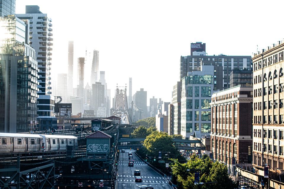 城市, 路, 运输, 地铁, 火车, 铁路, 建筑物, 摩天大楼