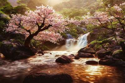 树木 河 开花 瀑布 幻想 景观 生成的Ai