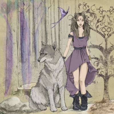 幻想 童话 精灵 女孩 裙子 树木 黑暗的 神秘 鸟 美丽的