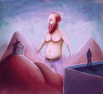 幻想 大胡子 胖的 步行 山 景观 裸 躯干 巨人 男子