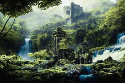 生成的Ai 幻想 丛林 废墟 老 寺庙 体系结构 瀑布