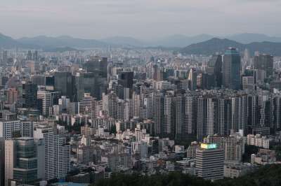 城市 日落 汉城 建筑物 天际线 晚上 暮 黄昏 韩国 城市