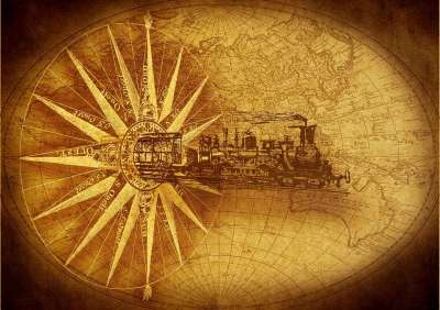 蒸汽机车 罗盘 世界地图 画画 故事 运输 去旅行 古董