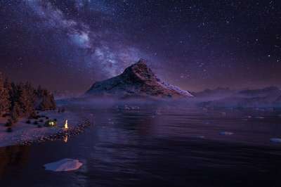 山 湖 银河 景观 夜晚 野营 星系 夜空 星空 3D