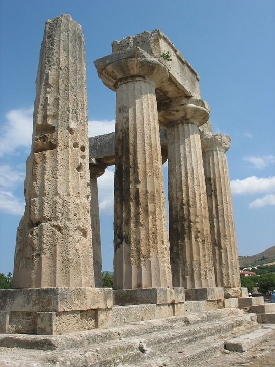 古代科林斯 寺庙废墟 希腊 科林斯 历史的 地标 天空 古老的
