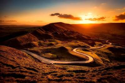 英国 山 丘陵 日落 日出 远景 景观 路 旅游 自然 户外