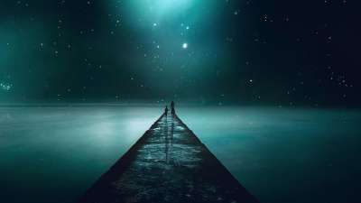 湖 码头 妈妈 儿子 夜晚 星星 反射 孩子 神秘 幻想