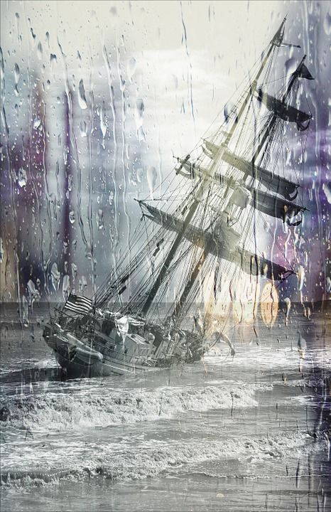 帆船 卡住 灭亡 搁浅 湿的镜头 雨 水 引人注目 倾覆 海洋