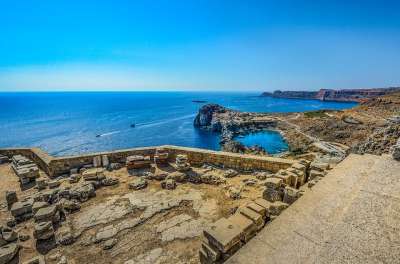 Lindos 罗兹 希腊 海 地中海 废墟 希腊语 天空 蓝色的