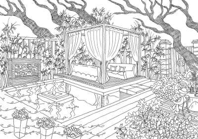 卧室 自然 卧室内部 丛林 线条艺术 漫画 画画 着色页