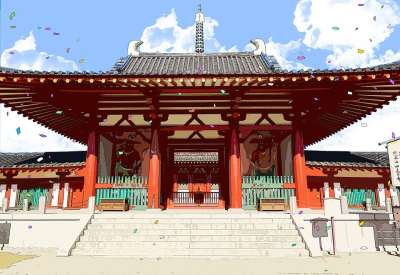 插画风格 日本 大坂 京都 城市 蓝蓝的天空 寺庙 神殿 寺庙
