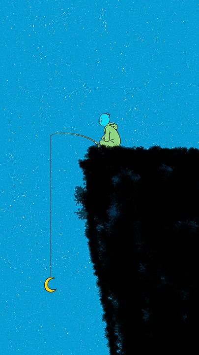 绘画 创造力 钓鱼 悬崖 月亮 夜晚 星空 蓝色月光 蓝色的鱼