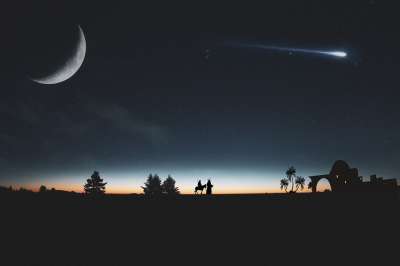 月亮 三王 森林 轮廓 星星 彗星 夜晚 圣诞节 贝伦 出生