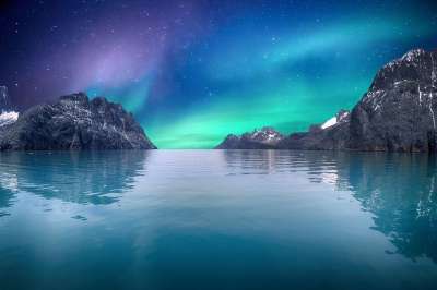 海洋 北极光 山 海 夜晚 景观