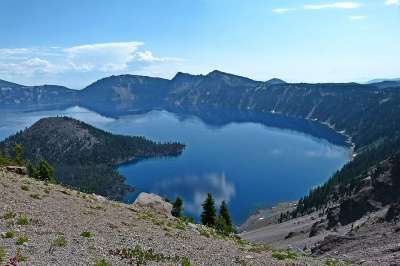 火山口湖 俄勒冈州 美国 景观 风景 自然 火山 蓝色的 水