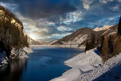 山 阿尔卑斯山 水库 瑞士 日落 景观 雪 冬天 自然 湖