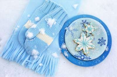 冬天 雪 饼干 围巾 连指手套 寒冷的 雪花 下雪的 蓝色雪