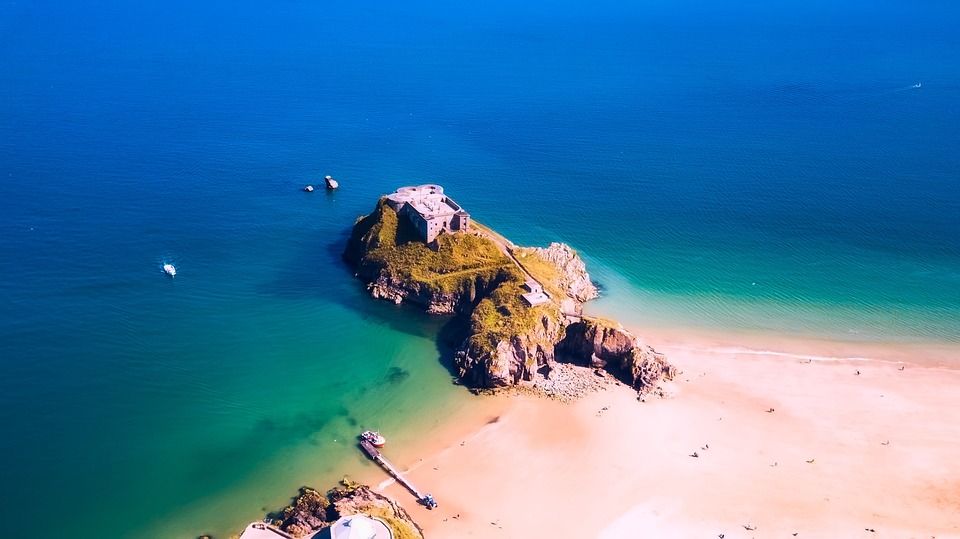 腾比, 英国, 堡垒, 地标, 历史性, 旅游, 大不列颠, 海滩, 海滨, 海