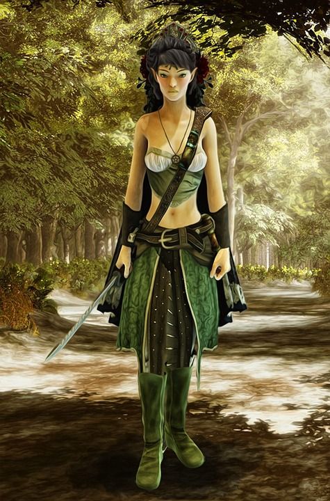精灵 女性 女士 幻想 魔法 年轻 童话 战士 绿色 幻想人物