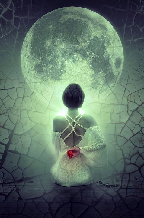 幻想 月亮 女士 坐 神秘 情绪 夜晚 照明心情 浪漫的 梦