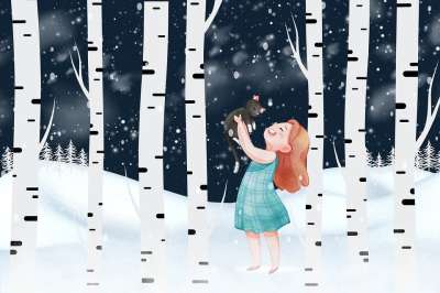 女孩 夜晚 童话 幻想 森林 树木 雪 降雪 桦树 猫 女士