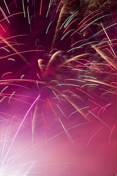 烟花 节日 丰富多彩的 颜色 爆发 粉红色的天空