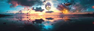 超现实的 幻想 全景 景观 日落 数字艺术 行星 岛 天堂